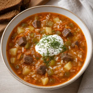Готовый рассольник со сметаной, укропом, рисом, говядиной и картофелем