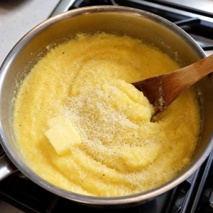 Cremige Polenta wird mit schmelzender Butter und geriebenem Parmesan verrührt.