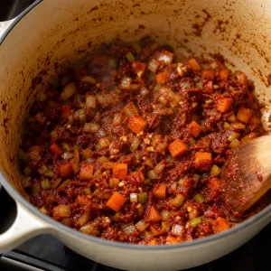 Knoblauch und Tomatenmark garen mit weichem Gemüse, bis die Paste dunkel ziegelrot wird.