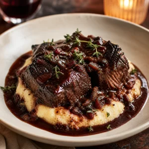 Rotwein-Schmorrippen auf cremiger Parmesan-Polenta mit Sauce darüber serviert.