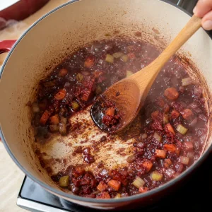 Rotwein köchelt im Schmortopf, während die Röstaromen vom Boden gelöst werden.