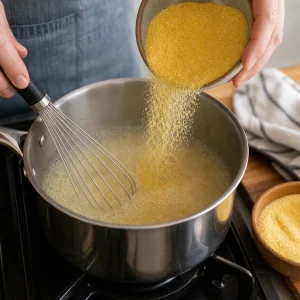 Gelber Maisgrieß wird langsam in kochende Flüssigkeit eingerührt, um cremige Polenta zu beginnen.