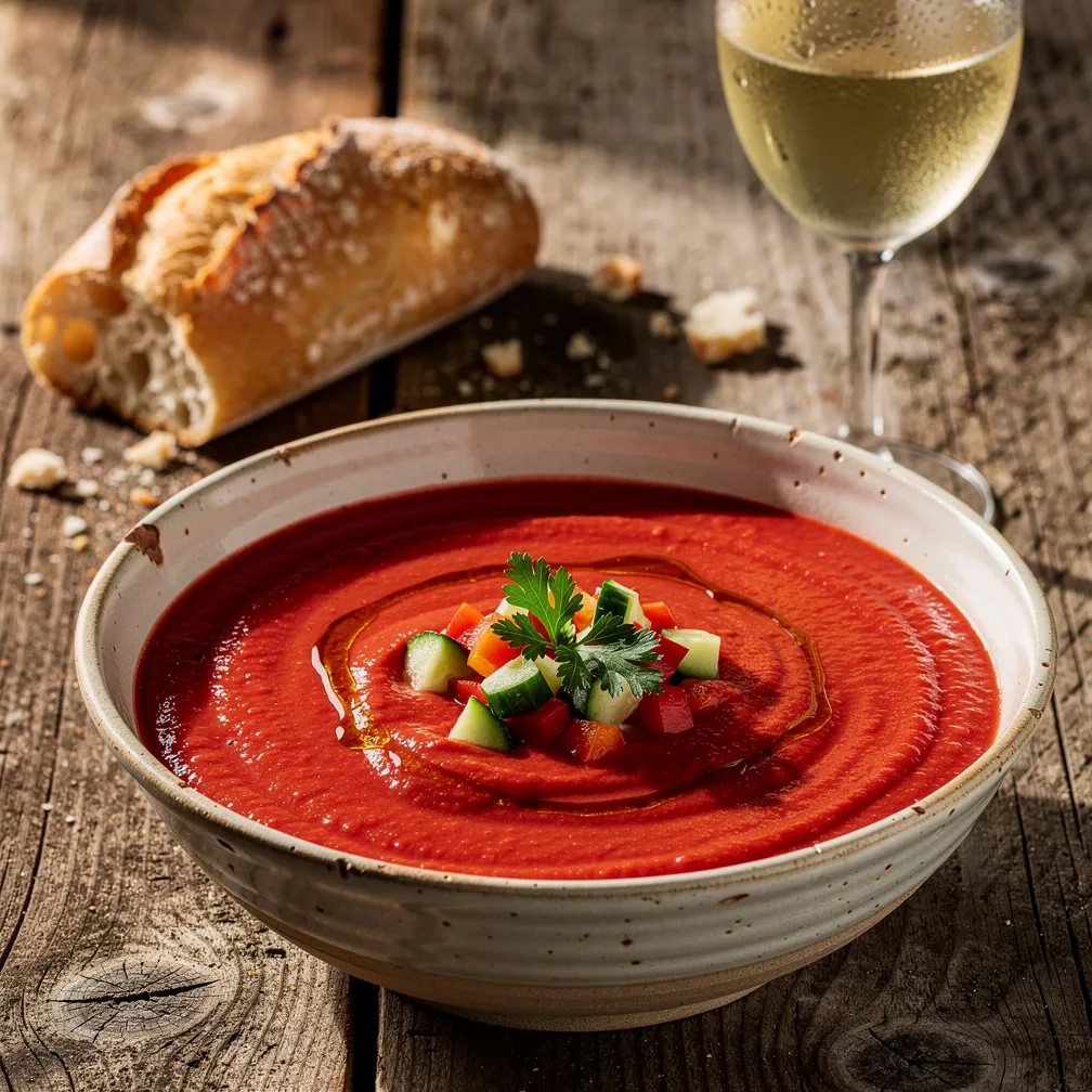 A chilled bowl of vibrant red gazpacho garnished with diced vegetables and olive oil