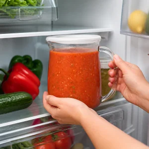 Covered pitcher of gazpacho placed in the refrigerator to chill thoroughly