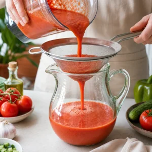 Red gazpacho poured through a fine-mesh sieve into a glass pitcher