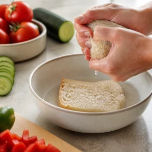 Rustic bread soaked in water and squeezed for a creamier gazpacho texture