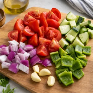 Tomatoes, cucumber, green pepper, red onion, and garlic roughly chopped for gazpacho