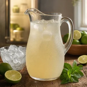 Gekuehlter Kokos-Limetten-Krug mit Kondenswasser neben Eis und Limetten
