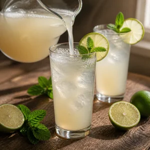 Kokos-Limetten-Getraenk wird ueber Eis mit Limette und Minze gegossen
