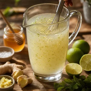 Helles Kokos-Limetten-Getraenk mit Ingwer und Limettenschale wird verquirlt