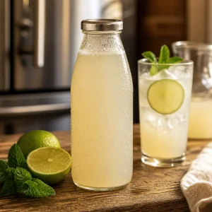 Verschlossene Flasche mit uebrigem Kokos-Limetten-Getraenk neben kaltem Glas
