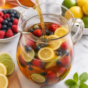 Brewed tea poured with berries and citrus