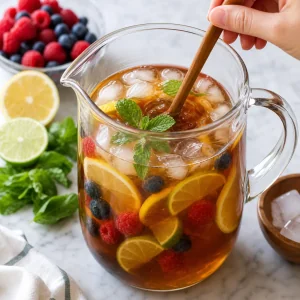 Honey and mint stirred into fruit tea