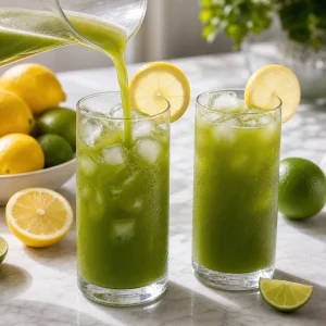 Limonata fredda al matcha versata in due bicchieri con guarnizione di limone
