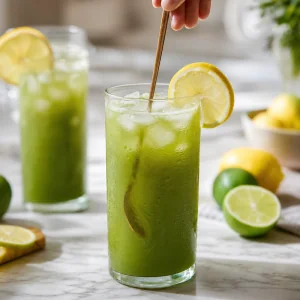 Limonata fredda al matcha mescolata prima di bere