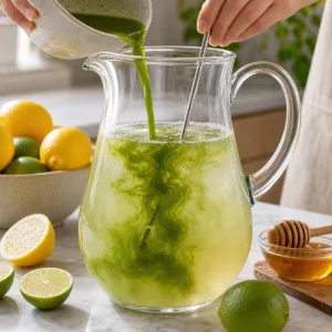 Matcha, succo di limone, miele e acqua fredda mescolati in una caraffa