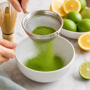Polvere di matcha setacciata in una ciotola per limonata fredda al matcha
