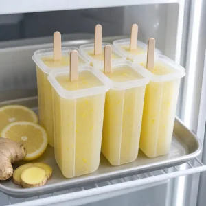 Gefüllte Zitronen-Kokos-Eisformen mit Holzstielen im Gefrierfach