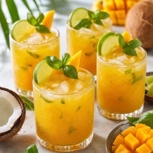 Kalte Mango-Kokos-Rum-Cocktails servierbereit mit tropischer Garnitur