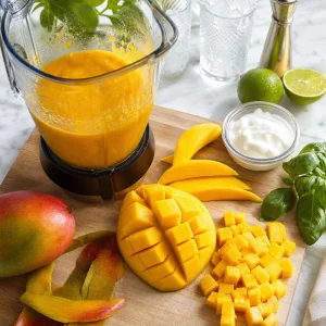 Gewuerfelte Mango und glattes Mangopueree fuer den Cocktail