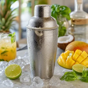 Eiskalter Cocktailshaker mit Mango, Limette und Basilikum daneben