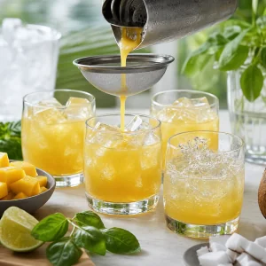 Mango-Kokos-Cocktail wird in vier Glaeser mit Eis abgeseiht