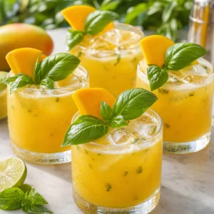 Mango-Kokos-Rum-Cocktails mit Limette, Mango und Basilikum garniert