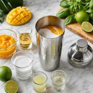 Mangopueree, Rum, Kokoscreme, Limettensaft und Sirup neben dem Shaker