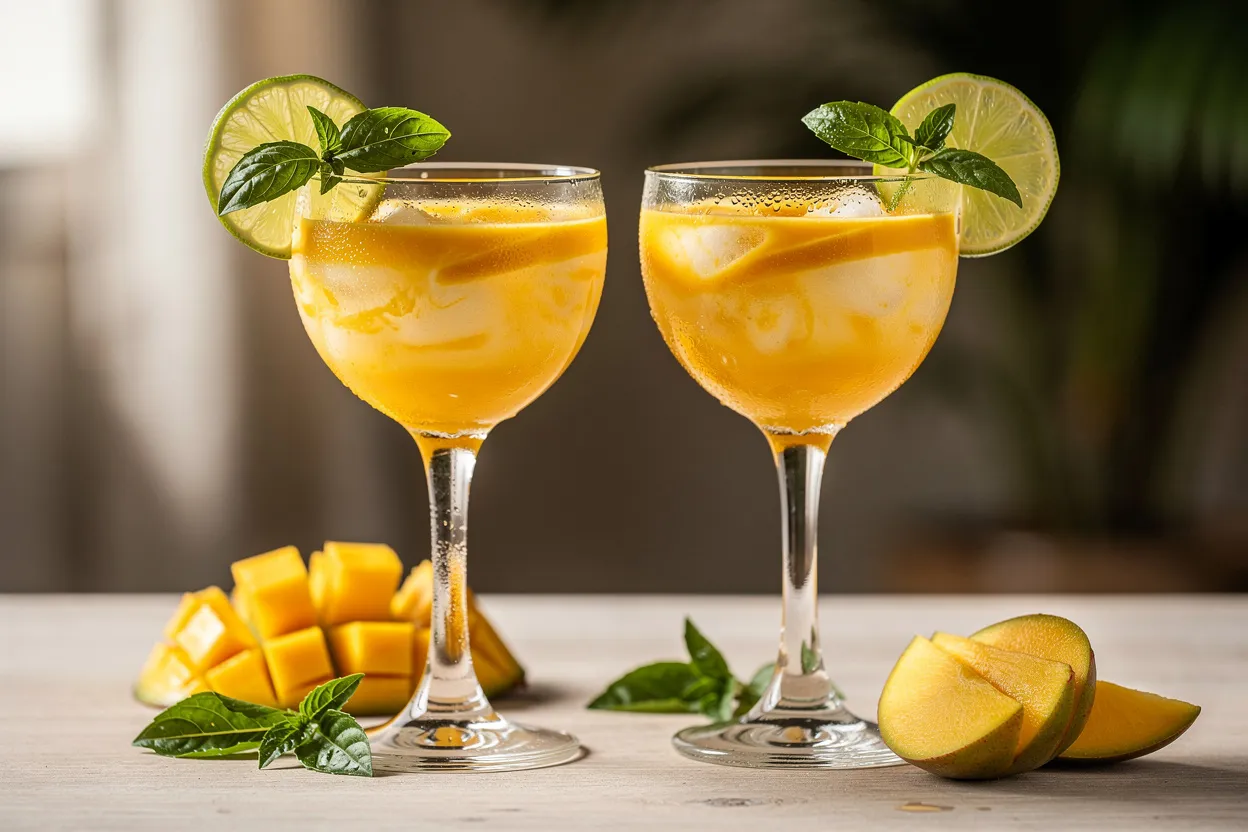 Refreshing Mango Coconut Rum Cocktail with Lime and Basil