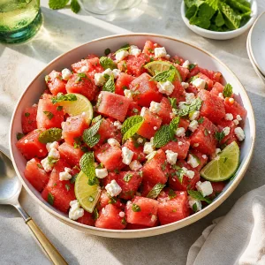 Chilled watermelon feta salad served immediately with lime and mint on a summer table