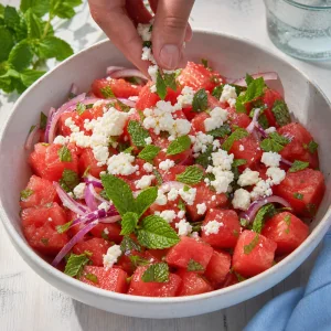 Crumbled feta and fresh mint sprinkled over the watermelon salad before serving