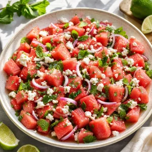Finished watermelon and feta salad with lime, mint, and red onion in a shallow serving bowl