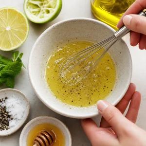 Lime dressing being whisked with olive oil, honey, salt, and pepper in a small bowl
