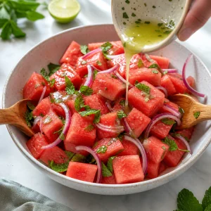 Lime dressing drizzled over watermelon, red onion, and mint before gentle tossing