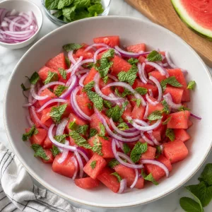 Thin red onion slices and torn mint leaves added over fresh watermelon cubes