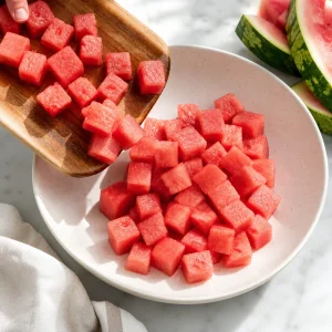 Uniform watermelon cubes being placed into a wide serving bowl for the salad