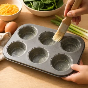 Moule graisse pour six muffins sur un plan de travail en bois