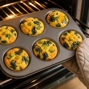 Muffins aux oeufs et epinards cuits avec des dessus legerement dores