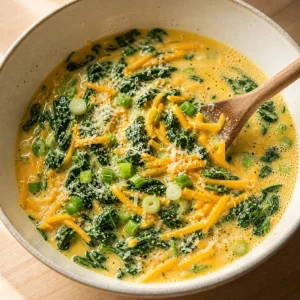 Epinards, cheddar, ciboule et parmesan incorpores aux oeufs