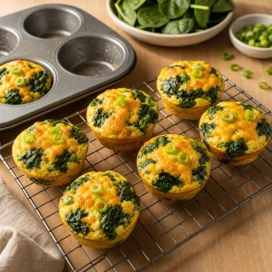 Muffins aux oeufs et epinards qui refroidissent sur une grille pres du moule