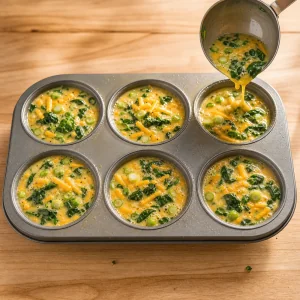 Preparation crue aux oeufs et epinards versee dans six moules a muffins
