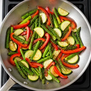 Asparagus, zucchini, and red bell pepper sauteing in olive oil.