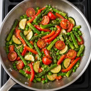 Cherry tomatoes, peas, and garlic added to the sauteed primavera vegetables.