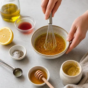 Zitrus-Dressing mit Olivenöl, Essig, Zitrone, Dijon und Honig verquirlt