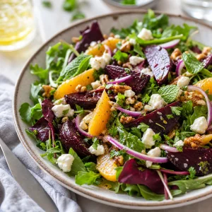 Fertiger Salat aus gerösteter Roter Bete mit zerbröseltem Feta und Walnüssen