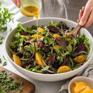 Blattsalat, Rote Bete, Orange, rote Zwiebel und Kräuter werden mit Dressing gemischt