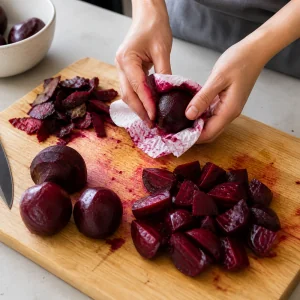 Geröstete Rote Bete wird mit Küchenpapier geschält und in Spalten geschnitten