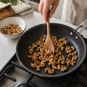 Walnüsse werden in einer trockenen Pfanne mit einem Holzlöffel geröstet