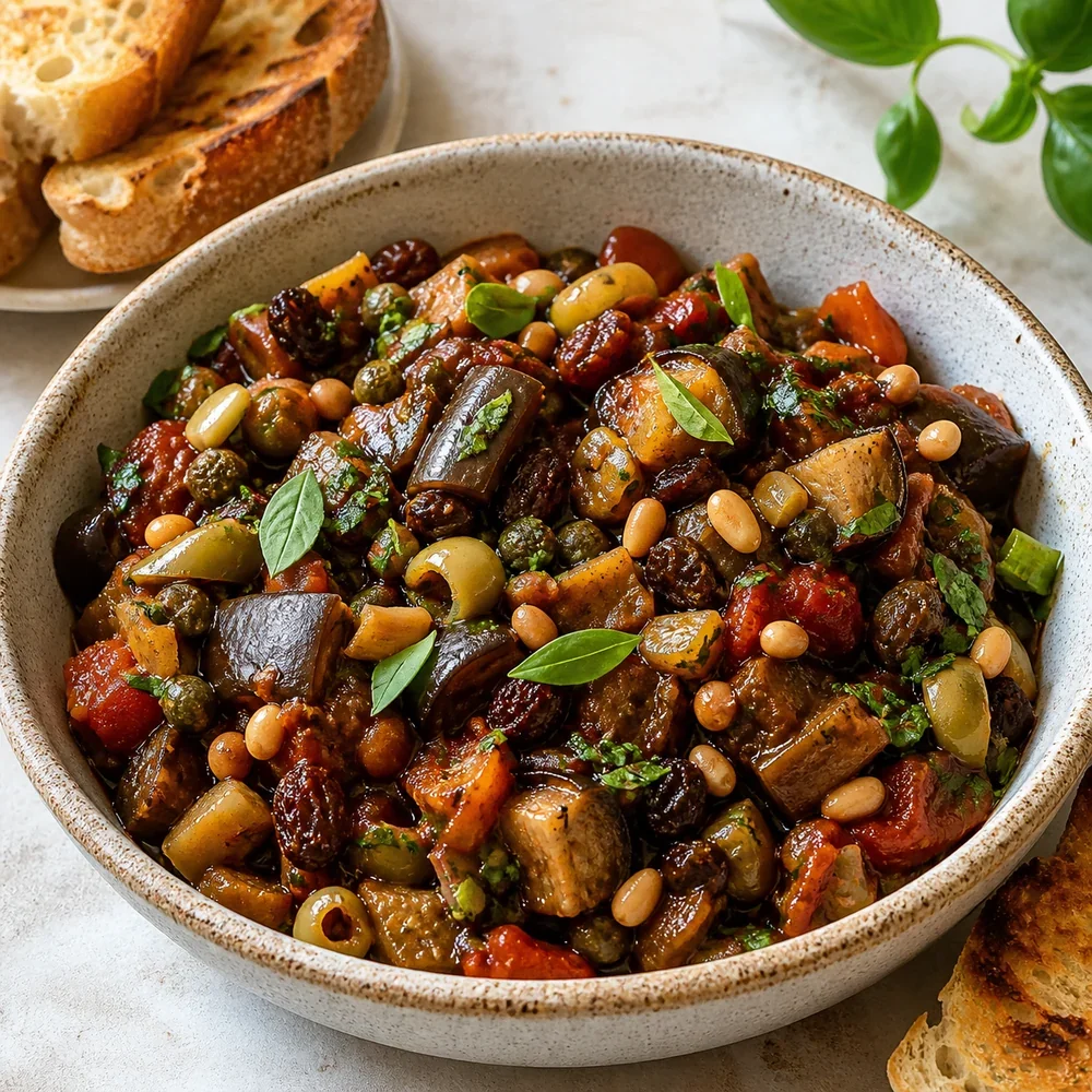 Finished roasted eggplant caponata with olives, capers, herbs, raisins, and pine nuts in a bowl