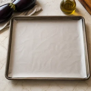 Parchment-lined baking sheet with whole eggplants and olive oil nearby